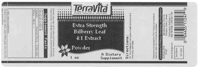 Photo of the TerraVita Extra Strength Bilberry Leaf 4:1 Extract Powder label