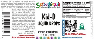 Photo of the Ortho Molecular Products Kid-D Liquid Drops label