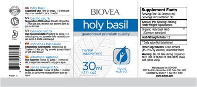 Photo of the BIOVEA Holy Basil label