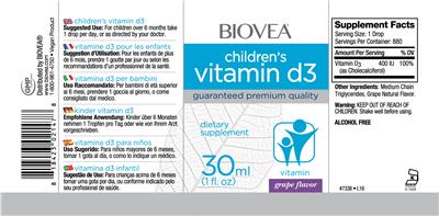 Photo of the BIOVEA Children's Vitamin D3 Grape Flavor label