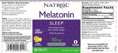 Photo of the Natrol Melatonin 10 mg Fast Dissolve Citrus Natural Flavor label