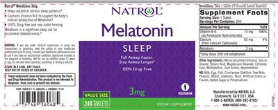 Photo of the Natrol Melatonin 3 mg label