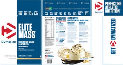Photo of the Dymatize Elite Mass Vanilla Milkshake label