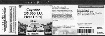 Photo of the TerraVita Cayenne (35,000 IU Heat Units) 450 mg label