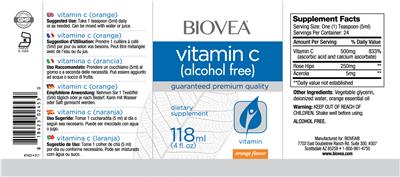 Photo of the BIOVEA Vitamin C (Alcohol Free) Orange Flavor label