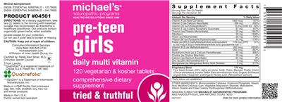 Photo of the Michael's Naturopathic Programs Pre-Teen Girls Daily Multi Vitamin label