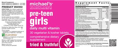 Photo of the Michael's Naturopathic Programs Pre-Teen Girls Daily Multi Vitamin label