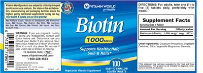 Photo of the Vitamin World Biotin 1000 mcg label