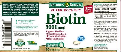 Photo of the Nature's Bounty Super Potency Biotin 5000 mcg label