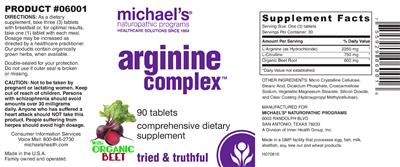 Photo of the Michael's Naturopathic Programs Arginine Complex label