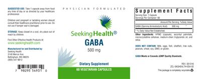 Photo of the Seeking Health GABA 500 mg label
