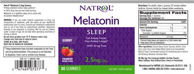 Photo of the Natrol Melatonin 2.5 mg Gummy Strawbery label