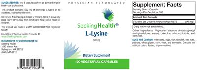 Photo of the Seeking Health L-Lysine 500 mg label