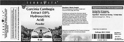 Photo of the TerraVita Garcinia Cambogia Extract (50% Hydroxycitric Acid) Powder label