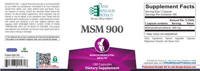 Photo of the Ortho Molecular Products MSM 900 label