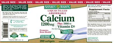 Photo of the Nature's Bounty Liquid Filled Absorbable Calcium 1200 mg Plus 1000 IU Vitamin D3 label
