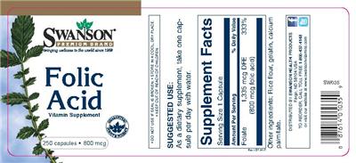 Photo of the Swanson Premium Brand Folic Acid 800 mcg label