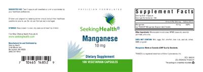 Photo of the Seeking Health Manganese 10 mg label
