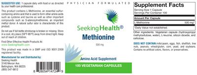 Photo of the Seeking Health Methionine 500 mg label