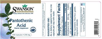 Photo of the Swanson Premium Brand Pantothenic Acid 250 mg label