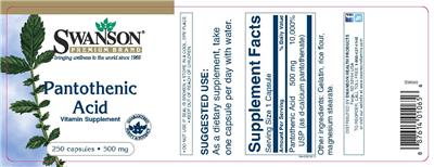 Photo of the Swanson Premium Brand Pantothenic Acid 500 mg label