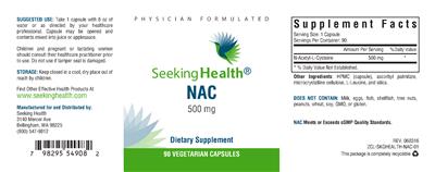 Photo of the Seeking Health NAC 500 mg label