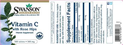 Photo of the Swanson Premium Brand Vitamin C With Rose Hips 500 mg label