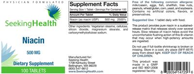 Photo of the Seeking Health Niacin 500 mg label