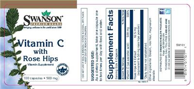 Photo of the Swanson Premium Brand Vitamin C With Rose Hips 500 mg label