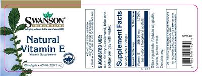 Photo of the Swanson Premium Brand Natural Vitamin E (268.5 mg) label