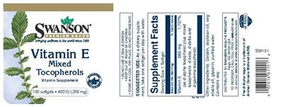 Photo of the Swanson Premium Brand Vitamin E with Mixed Tocopherols (268 mg) label