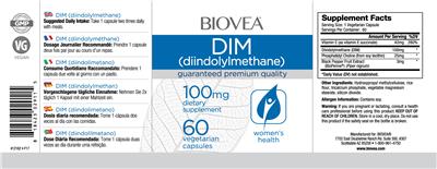 Photo of the BIOVEA DIM (Diindolylmethane) 100 mg label