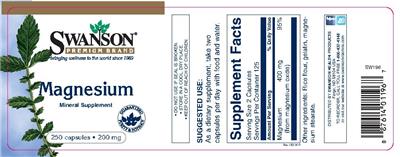 Photo of the Swanson Premium Brand Magnesium 200 mg label