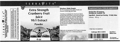 Photo of the TerraVita Extra Strength Cranberry Fruit Juice 10:1 Extract Powder label