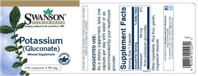 Photo of the Swanson Premium Brand Potassium (Gluconate) 99 mg label