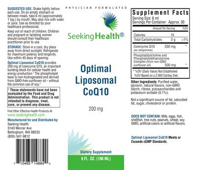 Photo of the Seeking Health Optimal Liposomal CoQ10 200 mg label
