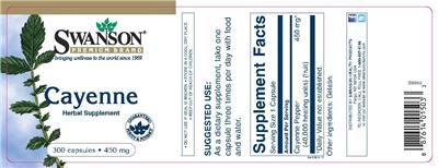 Photo of the Swanson Premium Brand Cayenne 450 mg label