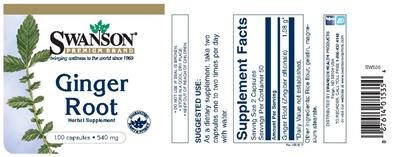 Photo of the Swanson Premium Brand Ginger Root 540 mg label