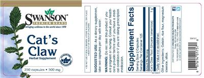 Photo of the Swanson Premium Brand Cat's Claw 500 mg label