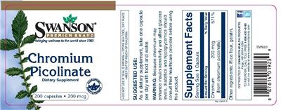 Photo of the Swanson Premium Brand Chromium Picolinate 200 mcg label