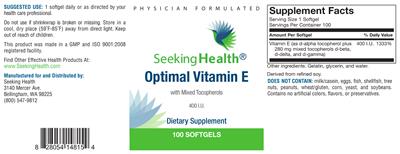 Photo of the Seeking Health Optimal Vitamin E With Mixed Tocopherols 400 IU label