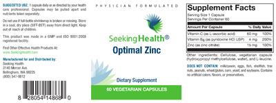 Photo of the Seeking Health Optimal Zinc label