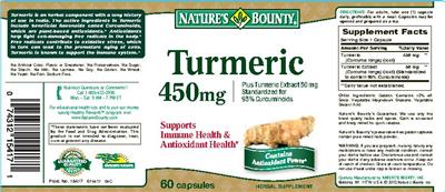 Photo of the Nature's Bounty Turmeric 450 mg label