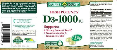Photo of the Nature's Bounty High Potency D3-1000 IU label