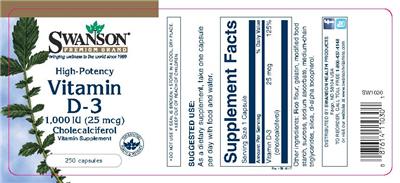 Photo of the Swanson Premium Brand High-Potency Vitamin D-3 1,000 IU label