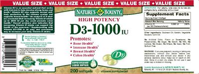 Photo of the Nature's Bounty High Potency D3-1000 IU label