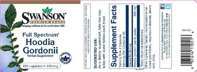 Photo of the Swanson Premium Brand Full Spectrum Hoodia Gordonii 400 mg label