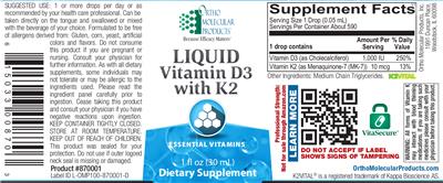 Photo of the Ortho Molecular Products Liquid Vitamin D3 With K2 label