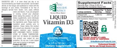 Photo of the Ortho Molecular Products Liquid Vitamin D3 label