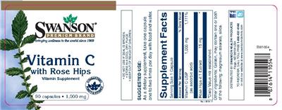 Photo of the Swanson Premium Brand Vitamin C with Rose Hips 1,000 mg label